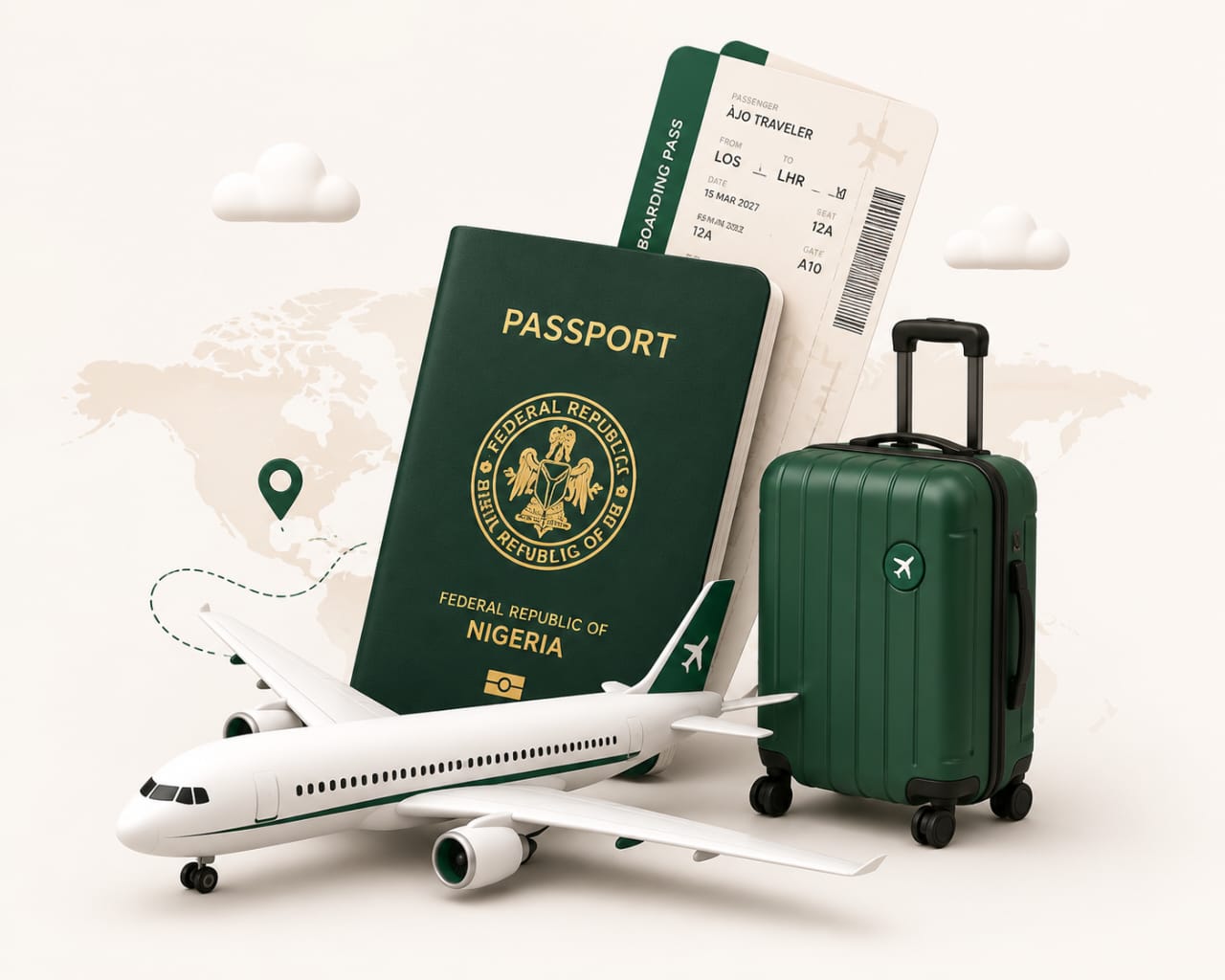 Travel essentials including passport, airplane and luggage